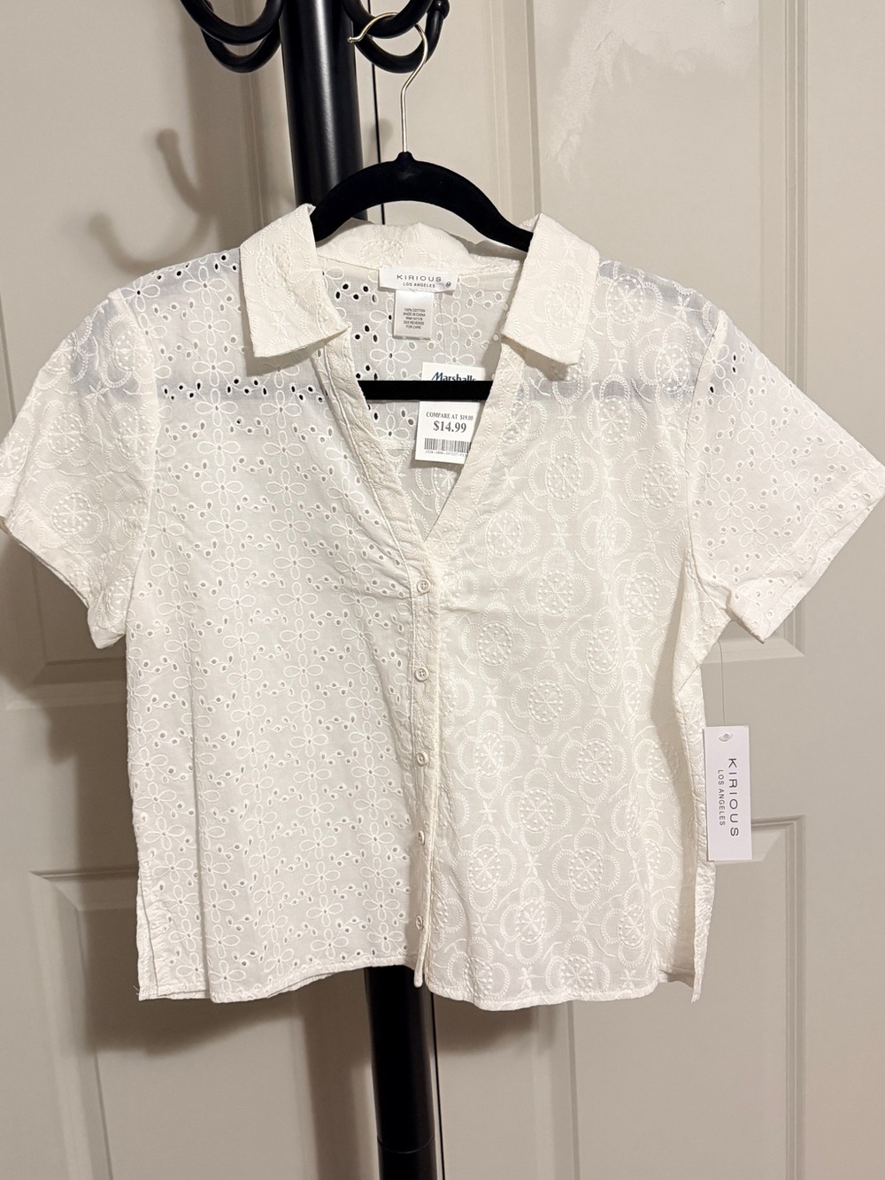 KHAIOUS White Short-Sleeve Eyelet Button-Down Top
